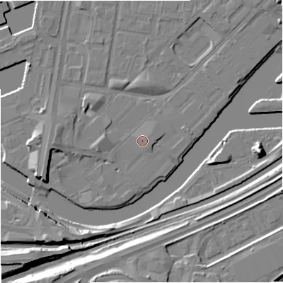 Shaded relief map of the ground around M53TT, computed from Environment Agency LiDAR. The ground here sits at about 24 m above sea level and falls 14 m across the surrounding 800 m. Surface water reaching this point runs off ground lying to the east, 1.3 m higher.