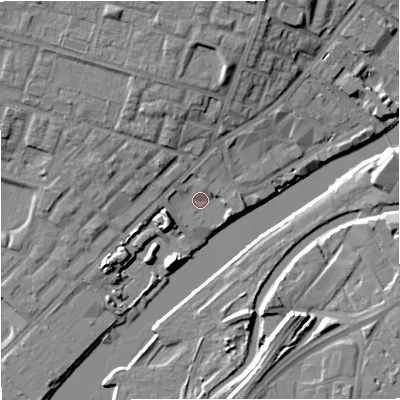 Shaded relief map of the ground around M53WH, computed from Environment Agency LiDAR. The ground here sits at about 25 m above sea level and falls 14 m across the surrounding 800 m. Surface water reaching this point runs off ground lying to the north-north-west, 8.2 m higher.