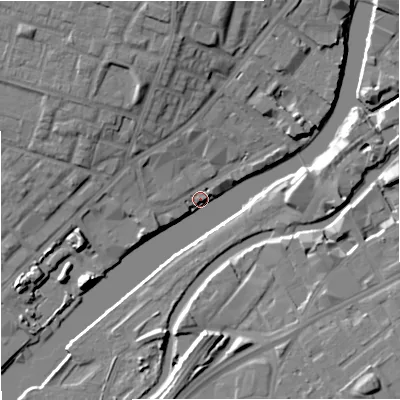 Shaded relief map of the ground around M54BZ, computed from Environment Agency LiDAR. The ground here sits at about 25 m above sea level and falls 14 m across the surrounding 800 m. Surface water reaching this point runs off ground lying to the north-north-west, 14.2 m higher.