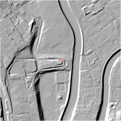 Shaded relief map of the ground around M54FA, computed from Environment Agency LiDAR. The ground here sits at about 30 m above sea level and falls 23 m across the surrounding 800 m. Surface water reaching this point runs off ground lying to the south-south-east, 3.2 m higher.