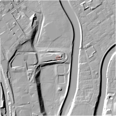 Shaded relief map of the ground around M54FU, computed from Environment Agency LiDAR. The ground here sits at about 31 m above sea level and falls 23 m across the surrounding 800 m. Surface water reaching this point runs off ground lying to the west-south-west, 2.9 m higher.