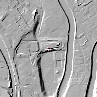 Shaded relief map of the ground around M54GZ, computed from Environment Agency LiDAR. The ground here sits at about 32 m above sea level and falls 23 m across the surrounding 800 m. Surface water reaching this point runs off ground lying to the south-south-west, 18.3 m higher.