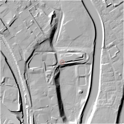 Shaded relief map of the ground around M54NQ, computed from Environment Agency LiDAR. The ground here sits at about 32 m above sea level and falls 23 m across the surrounding 800 m. Surface water reaching this point runs off ground lying to the west-south-west, 11.4 m higher.