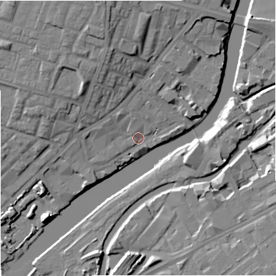 Shaded relief map of the ground around M54RD, computed from Environment Agency LiDAR. The ground here sits at about 25 m above sea level and falls 15 m across the surrounding 800 m. Surface water reaching this point runs off ground lying to the north-north-west, 11.9 m higher.