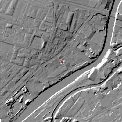 Shaded relief map of the ground around M54TB, computed from Environment Agency LiDAR. The ground here sits at about 26 m above sea level and falls 15 m across the surrounding 800 m. Surface water reaching this point runs off ground lying to the north-north-west, 9.7 m higher.