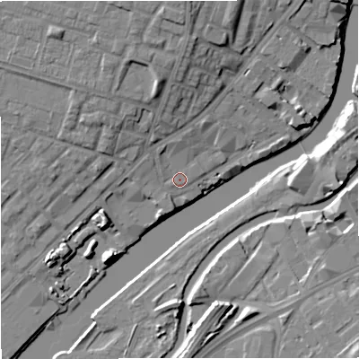 Shaded relief map of the ground around M54TH, computed from Environment Agency LiDAR. The ground here sits at about 26 m above sea level and falls 14 m across the surrounding 800 m. Surface water reaching this point runs off ground lying to the north, 10.7 m higher.