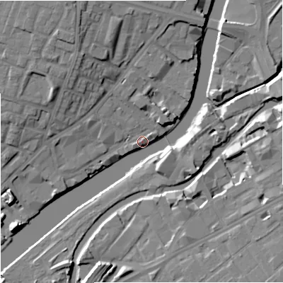Shaded relief map of the ground around M54UU, computed from Environment Agency LiDAR. The ground here sits at about 26 m above sea level and falls 15 m across the surrounding 800 m. Surface water reaching this point runs off ground lying to the north-north-west, 13.7 m higher.