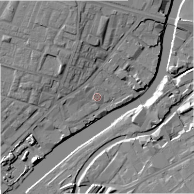 Shaded relief map of the ground around M54YB, computed from Environment Agency LiDAR. The ground here sits at about 26 m above sea level and falls 15 m across the surrounding 800 m. Surface water reaching this point runs off ground lying to the north-north-west, 9.7 m higher.