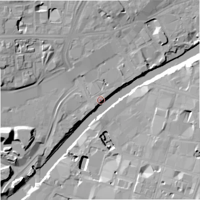 Shaded relief map of the ground around M609HL, computed from Environment Agency LiDAR. The ground here sits at about 28 m above sea level and falls 18 m across the surrounding 800 m. Surface water reaching this point runs off ground lying to the west-south-west, 17.7 m higher.