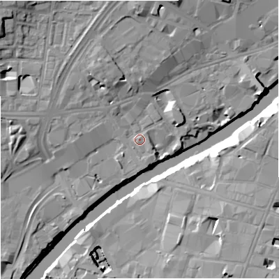 Shaded relief map of the ground around M609HP, computed from Environment Agency LiDAR. The ground here sits at about 28 m above sea level and falls 16 m across the surrounding 800 m. Surface water reaching this point runs off ground lying to the north, 7.1 m higher.
