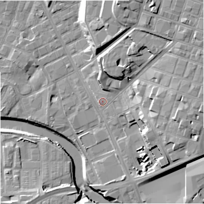 Shaded relief map of the ground around M609ST, computed from Environment Agency LiDAR. The ground here sits at about 30 m above sea level and falls 28 m across the surrounding 800 m. Surface water reaching this point runs off ground lying to the north-east, 20.0 m higher.