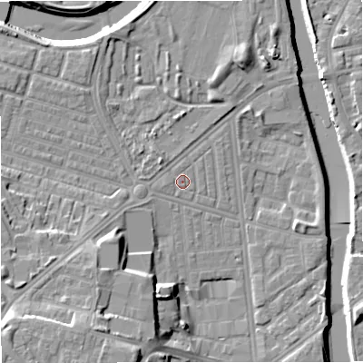 Shaded relief map of the ground around M66AE, computed from Environment Agency LiDAR. The ground here sits at about 31 m above sea level and falls 17 m across the surrounding 800 m. Surface water reaching this point runs off ground lying to the west-south-west, 0.7 m higher.
