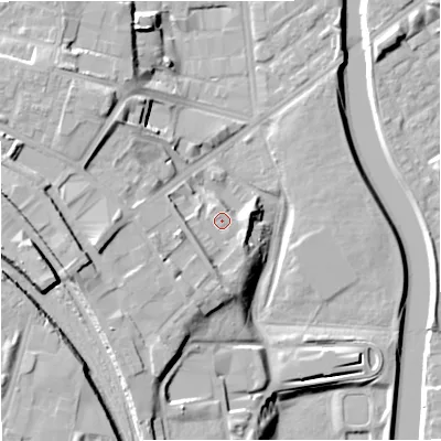 Shaded relief map of the ground around M66AJ, computed from Environment Agency LiDAR. The ground here sits at about 34 m above sea level and falls 21 m across the surrounding 800 m. Surface water reaching this point runs off ground lying to the south-west, 10.2 m higher.