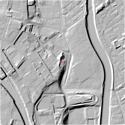 Shaded relief map of the ground around M66AL, computed from Environment Agency LiDAR. The ground here sits at about 30 m above sea level and falls 20 m across the surrounding 800 m. Surface water reaching this point runs off ground lying to the south-west, 15.0 m higher.