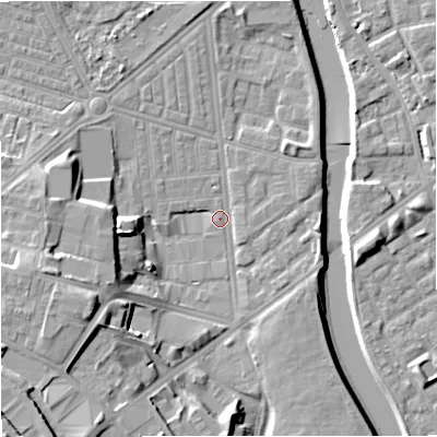 Shaded relief map of the ground around M66AQ, computed from Environment Agency LiDAR. The ground here sits at about 29 m above sea level and falls 19 m across the surrounding 800 m. Surface water reaching this point runs off ground lying to the west-south-west, 13.1 m higher.