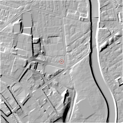 Shaded relief map of the ground around M66AS, computed from Environment Agency LiDAR. The ground here sits at about 29 m above sea level and falls 19 m across the surrounding 800 m. Surface water reaching this point runs off ground lying to the west-south-west, 12.6 m higher.