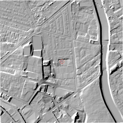 Shaded relief map of the ground around M66AT, computed from Environment Agency LiDAR. The ground here sits at about 28 m above sea level and falls 19 m across the surrounding 800 m. Surface water reaching this point runs off ground lying to the west-south-west, 13.1 m higher.