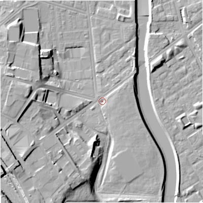 Shaded relief map of the ground around M66AW, computed from Environment Agency LiDAR. The ground here sits at about 29 m above sea level and falls 19 m across the surrounding 800 m. Surface water reaching this point runs off ground lying to the south-west, 15.8 m higher.