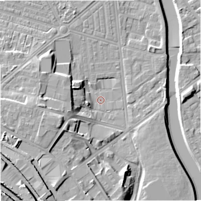 Shaded relief map of the ground around M66AX, computed from Environment Agency LiDAR. The ground here sits at about 28 m above sea level and falls 22 m across the surrounding 800 m. Surface water reaching this point runs off ground lying to the west-south-west, 15.8 m higher.