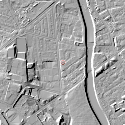 Shaded relief map of the ground around M66AY, computed from Environment Agency LiDAR. The ground here sits at about 30 m above sea level and falls 19 m across the surrounding 800 m. Surface water reaching this point runs off ground lying to the west-south-west, 12.9 m higher.