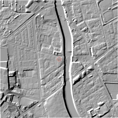 Shaded relief map of the ground around M66AZ, computed from Environment Agency LiDAR. The ground here sits at about 30 m above sea level and falls 16 m across the surrounding 800 m. Surface water reaching this point runs off ground lying to the north-north-west, 1.5 m higher.