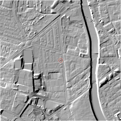 Shaded relief map of the ground around M66BA, computed from Environment Agency LiDAR. The ground here sits at about 29 m above sea level and falls 18 m across the surrounding 800 m. Surface water reaching this point runs off ground lying to the west, 8.4 m higher.