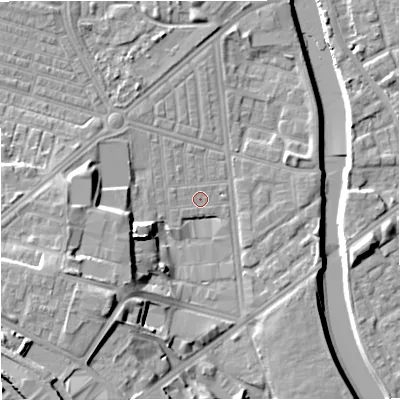 Shaded relief map of the ground around M66BB, computed from Environment Agency LiDAR. The ground here sits at about 29 m above sea level and falls 18 m across the surrounding 800 m. Surface water reaching this point runs off ground lying to the west-south-west, 11.5 m higher.