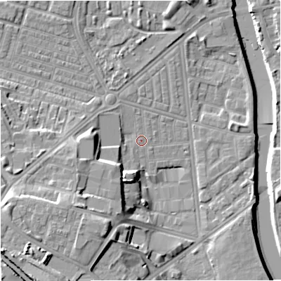 Shaded relief map of the ground around M66BD, computed from Environment Agency LiDAR. The ground here sits at about 30 m above sea level and falls 19 m across the surrounding 800 m. Surface water reaching this point runs off ground lying to the south-west, 11.1 m higher.