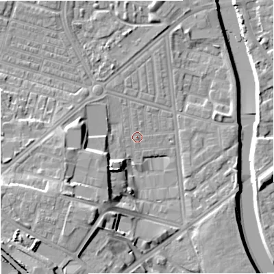 Shaded relief map of the ground around M66BE, computed from Environment Agency LiDAR. The ground here sits at about 30 m above sea level and falls 19 m across the surrounding 800 m. Surface water reaching this point runs off ground lying to the south-west, 11.1 m higher.