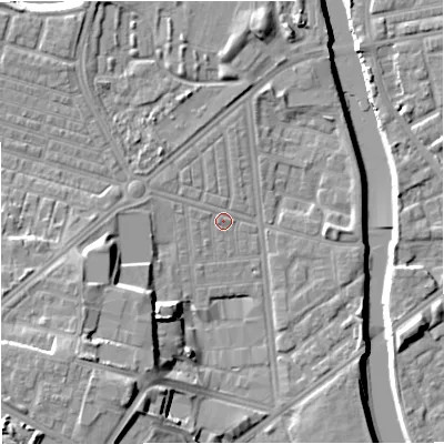Shaded relief map of the ground around M66BF, computed from Environment Agency LiDAR. The ground here sits at about 30 m above sea level and falls 19 m across the surrounding 800 m. Surface water reaching this point runs off ground lying to the west-south-west, 11.4 m higher.