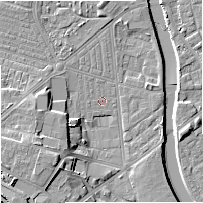 Shaded relief map of the ground around M66BG, computed from Environment Agency LiDAR. The ground here sits at about 29 m above sea level and falls 18 m across the surrounding 800 m. Surface water reaching this point runs off ground lying to the north-west, 1.0 m higher.