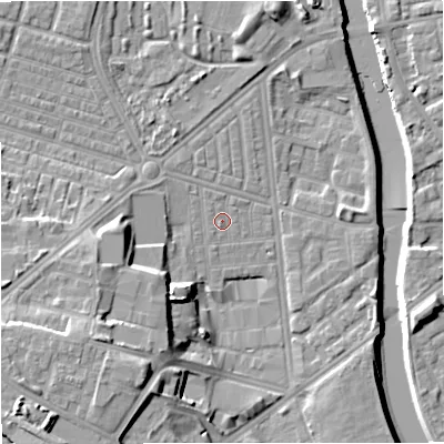 Shaded relief map of the ground around M66BH, computed from Environment Agency LiDAR. The ground here sits at about 30 m above sea level and falls 19 m across the surrounding 800 m. Surface water reaching this point runs off ground lying to the north-north-west, 0.8 m higher.