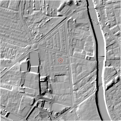 Shaded relief map of the ground around M66BJ, computed from Environment Agency LiDAR. The ground here sits at about 30 m above sea level and falls 18 m across the surrounding 800 m. Surface water reaching this point runs off ground lying to the north-north-west, 0.7 m higher.
