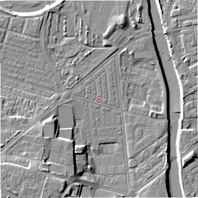 Shaded relief map of the ground around M66BL, computed from Environment Agency LiDAR. The ground here sits at about 30 m above sea level and falls 17 m across the surrounding 800 m. Surface water reaching this point runs off ground lying to the south-west, 11.3 m higher.