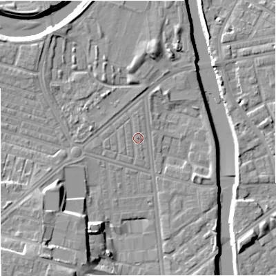 Shaded relief map of the ground around M66BN, computed from Environment Agency LiDAR. The ground here sits at about 30 m above sea level and falls 16 m across the surrounding 800 m. The ground contributing surface water to this point lies to the north-west.