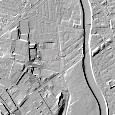 Shaded relief map of the ground around M66BU, computed from Environment Agency LiDAR. The ground here sits at about 29 m above sea level and falls 19 m across the surrounding 800 m. Surface water reaching this point runs off ground lying to the west, 13.0 m higher.