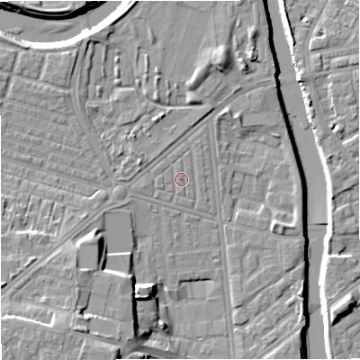 Shaded relief map of the ground around M66BW, computed from Environment Agency LiDAR. The ground here sits at about 30 m above sea level and falls 17 m across the surrounding 800 m. Surface water reaching this point runs off ground lying to the west-north-west, 0.7 m higher.