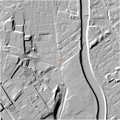 Shaded relief map of the ground around M66BY, computed from Environment Agency LiDAR. The ground here sits at about 29 m above sea level and falls 19 m across the surrounding 800 m. Surface water reaching this point runs off ground lying to the west, 13.1 m higher.