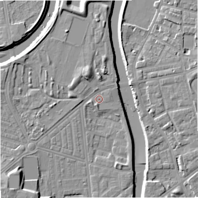 Shaded relief map of the ground around M66DA, computed from Environment Agency LiDAR. The ground here sits at about 30 m above sea level and falls 13 m across the surrounding 800 m. Surface water reaching this point runs off ground lying to the south-west, 5.3 m higher.