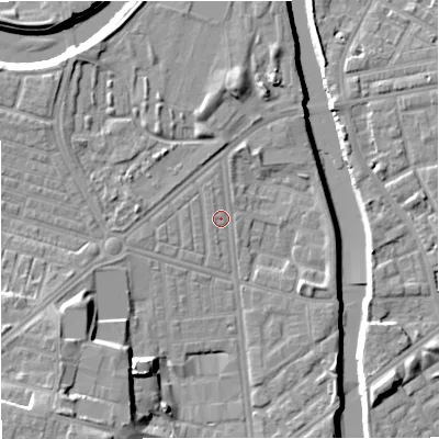 Shaded relief map of the ground around M66DD, computed from Environment Agency LiDAR. The ground here sits at about 30 m above sea level and falls 16 m across the surrounding 800 m. Surface water reaching this point runs off ground lying to the west-north-west, 1.0 m higher.