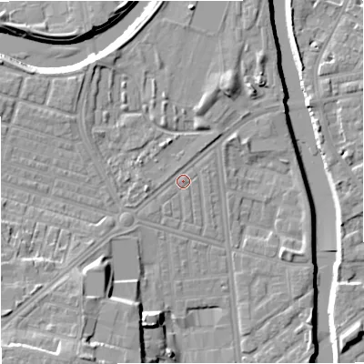 Shaded relief map of the ground around M66DE, computed from Environment Agency LiDAR. The ground here sits at about 31 m above sea level and falls 16 m across the surrounding 800 m. Surface water reaching this point runs off ground lying to the south-west, 7.6 m higher.
