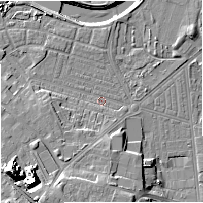 Shaded relief map of the ground around M66DF, computed from Environment Agency LiDAR. The ground here sits at about 32 m above sea level and falls 27 m across the surrounding 800 m. Surface water reaching this point runs off ground lying to the south-west, 7.2 m higher.