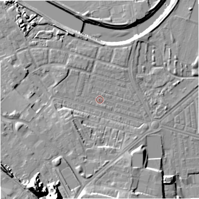 Shaded relief map of the ground around M66DG, computed from Environment Agency LiDAR. The ground here sits at about 32 m above sea level and falls 28 m across the surrounding 800 m. Surface water reaching this point runs off ground lying to the west, 1.0 m higher.