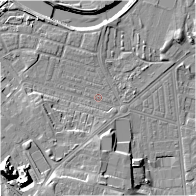 Shaded relief map of the ground around M66DH, computed from Environment Agency LiDAR. The ground here sits at about 31 m above sea level and falls 27 m across the surrounding 800 m. Surface water reaching this point runs off ground lying to the south-west, 7.3 m higher.