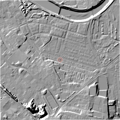 Shaded relief map of the ground around M66DN, computed from Environment Agency LiDAR. The ground here sits at about 32 m above sea level and falls 27 m across the surrounding 800 m. Surface water reaching this point runs off ground lying to the west, 6.7 m higher.