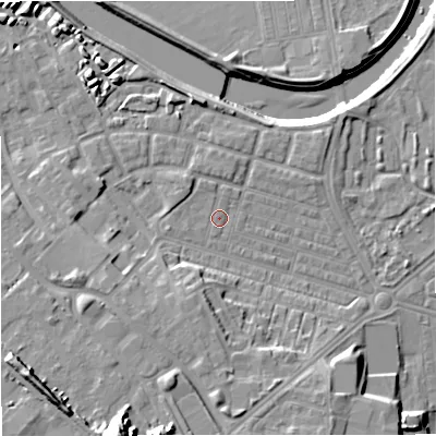 Shaded relief map of the ground around M66DP, computed from Environment Agency LiDAR. The ground here sits at about 33 m above sea level and falls 26 m across the surrounding 800 m. Surface water reaching this point runs off ground lying to the west-south-west, 6.5 m higher.