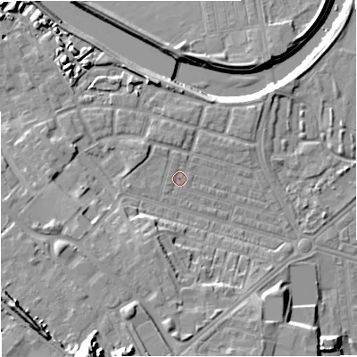 Shaded relief map of the ground around M66DQ, computed from Environment Agency LiDAR. The ground here sits at about 32 m above sea level and falls 26 m across the surrounding 800 m. Surface water reaching this point runs off ground lying to the south-west, 0.5 m higher.