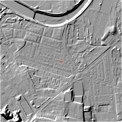 Shaded relief map of the ground around M66DR, computed from Environment Agency LiDAR. The ground here sits at about 32 m above sea level and falls 28 m across the surrounding 800 m. Surface water reaching this point runs off ground lying to the west-north-west, 1.6 m higher.