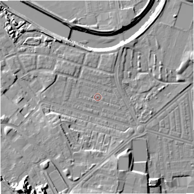 Shaded relief map of the ground around M66DS, computed from Environment Agency LiDAR. The ground here sits at about 32 m above sea level and falls 28 m across the surrounding 800 m. Surface water reaching this point runs off ground lying to the west-north-west, 1.4 m higher.