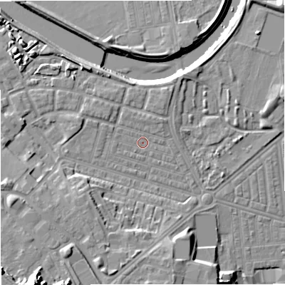 Shaded relief map of the ground around M66DT, computed from Environment Agency LiDAR. The ground here sits at about 32 m above sea level and falls 25 m across the surrounding 800 m. Surface water reaching this point runs off ground lying to the west-north-west, 0.8 m higher.